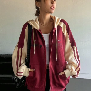 Star Kadın Sonbahar/Kış Mektup Baskılı Fermuarlı Bağcıklı Kapüşonlu Sweatshirt Model 5181