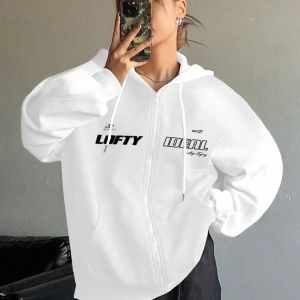 Star Kadın Sonbahar/Kış Mektup Baskılı Fermuarlı Bağcıklı Kapüşonlu Sweatshirt Model 5181