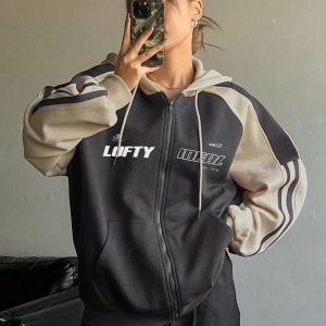 Star Kadın Sonbahar/Kış Mektup Baskılı Fermuarlı Bağcıklı Kapüşonlu Sweatshirt Model 5181