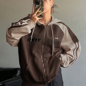 Star Kadın Sonbahar/Kış Mektup Baskılı Fermuarlı Bağcıklı Kapüşonlu Sweatshirt Model 5181