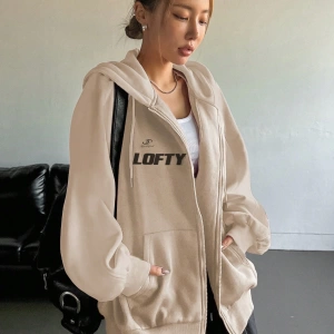 Star Kadın Sonbahar/Kış Mektup Baskılı Fermuarlı Bağcıklı Kapüşonlu Sweatshirt Model 5181