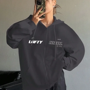 Star Kadın Sonbahar/Kış Mektup Baskılı Fermuarlı Bağcıklı Kapüşonlu Sweatshirt Model 5181