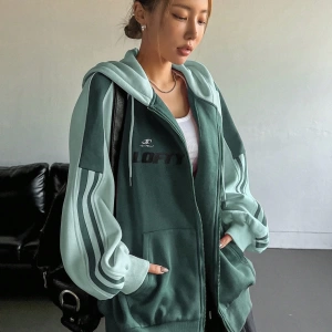 Star Kadın Sonbahar/Kış Mektup Baskılı Fermuarlı Bağcıklı Kapüşonlu Sweatshirt Model 5181
