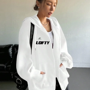 Star Kadın Sonbahar/Kış Mektup Baskılı Fermuarlı Bağcıklı Kapüşonlu Sweatshirt Model 5181