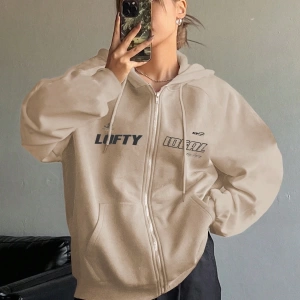 Star Kadın Sonbahar/Kış Mektup Baskılı Fermuarlı Bağcıklı Kapüşonlu Sweatshirt Model 5181