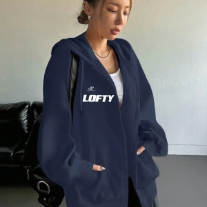Star Kadın Sonbahar/Kış Mektup Baskılı Fermuarlı Bağcıklı Kapüşonlu Sweatshirt Model 5181