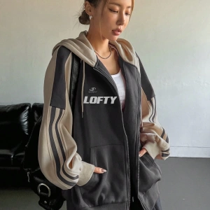Star Kadın Sonbahar/Kış Mektup Baskılı Fermuarlı Bağcıklı Kapüşonlu Sweatshirt Model 5181