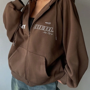 Star Kadın Sonbahar/Kış Mektup Baskılı Fermuarlı Bağcıklı Kapüşonlu Sweatshirt Model 5181