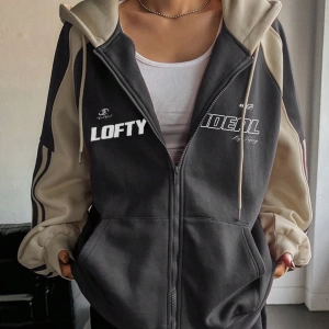 Star Kadın Sonbahar/Kış Mektup Baskılı Fermuarlı Bağcıklı Kapüşonlu Sweatshirt Model 5181