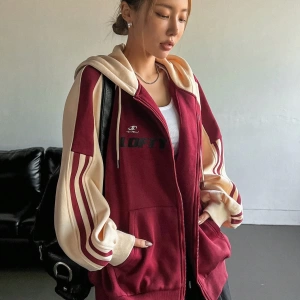 Star Kadın Sonbahar/Kış Mektup Baskılı Fermuarlı Bağcıklı Kapüşonlu Sweatshirt Model 5181