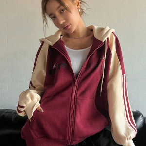 Star Kadın Sonbahar/Kış Mektup Baskılı Fermuarlı Bağcıklı Kapüşonlu Sweatshirt Model 5181