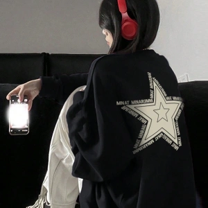 Star Pattern Drop Shoulder Oversized Pullover Siyah