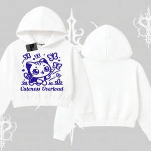 Stay Cool Kedi Baskılı Kapşonlu Crop Sweatshirt