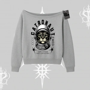 Stay Cool Kedi Baskılı Kayık Yaka Sweatshirt