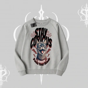 Stay Curious Kedi Baskılı Biskilet Sweatshirt