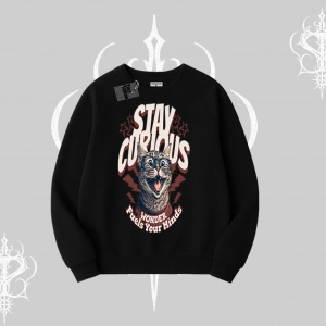Stay Curious Kedi Baskılı Biskilet Sweatshirt