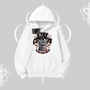 Stay Curious Kedi Baskılı Kapşonlu Sweatshirt