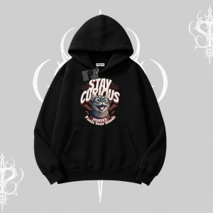 Stay Curious Kedi Baskılı Kapşonlu Sweatshirt