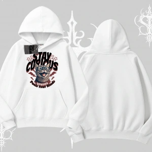 Stay Curious Kedi Baskılı Kapşonlu Sweatshirt