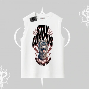 Stay Curious Kedi Baskılı Kolsuz Tshirt