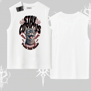 Stay Curious Kedi Baskılı Kolsuz Tshirt