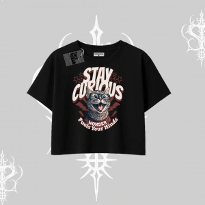Stay Curious Kedi Baskılı Oversize Crop Tshirt