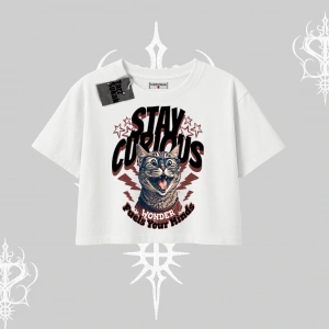 Stay Curious Kedi Baskılı Oversize Crop Tshirt