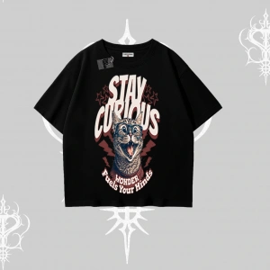 Stay Curious Kedi Baskılı Oversize Tshirt