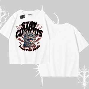 Stay Curious Kedi Baskılı Oversize Tshirt