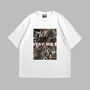 Stay Wild Leopar Baskılı 24/1 Oversize Unisex Beyaz
