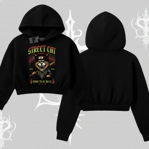 Street Cat Kedi Baskılı Kapşonlu Crop Sweatshirt