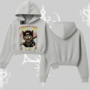 Street Cat Kedi Baskılı Kapşonlu Crop Sweatshirt