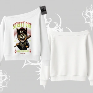 Street Cat Kedi Baskılı Kayık Yaka Sweatshirt