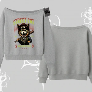 Street Cat Kedi Baskılı Kayık Yaka Sweatshirt
