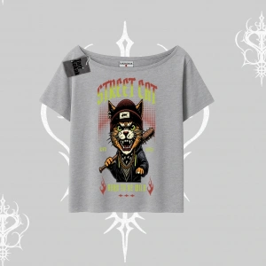 Street Cat Kedi Baskılı Kayık Yaka Tshirt