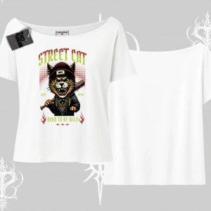 Street Cat Kedi Baskılı Kayık Yaka Tshirt