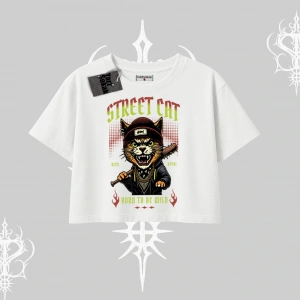 Street Cat Kedi Baskılı Oversize Crop Tshirt