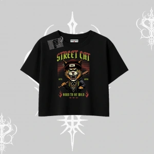 Street Cat Kedi Baskılı Oversize Crop Tshirt