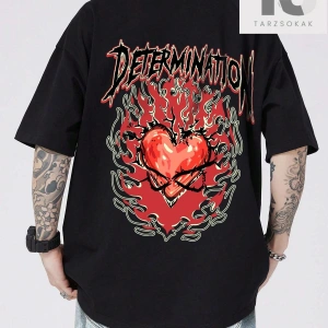 Street Life Erkek Harf Ve Kalp Baskılı Düşük Omuz T-shirt