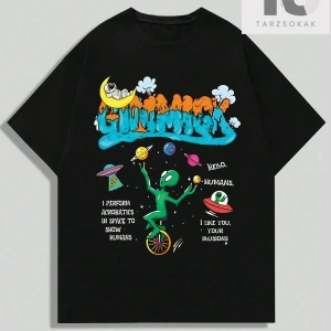 Street Life Erkek Karikatür Uzaylı Baskılı Yuvarlak Yaka Günlük Tişört