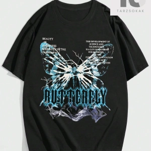 Street Life Erkek Kelebek & Slogan Desenli Kısa Kollu Tişört