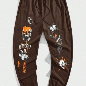 Street Life Guys Letter & Skull Print Drawstring Waist Eşofman Altı