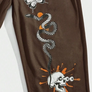 Street Life Guys Letter & Skull Print Drawstring Waist Eşofman Altı