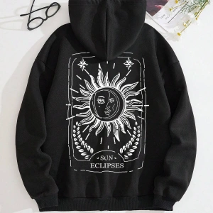 Sun & Moon Print Zip Up Drawstring Lined Hoodie Siyah