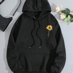 Sunflower Print Kangaroo Pocket Drawstring Hoodie Siyah