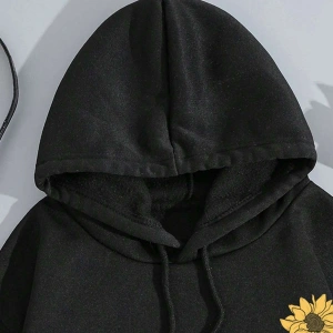 Sunflower Print Kangaroo Pocket Drawstring Hoodie Siyah