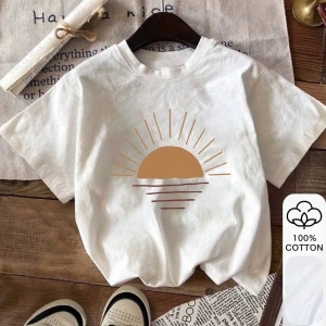 Sunrise Grafik Baskı, Yaz Kadın %100 Pamuklu Kısa Kollu, Beyaz Kısa Kollu, Grafik Tişörtler,