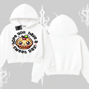 Sweet Day Cupcake Baskılı Kapşonlu Crop Sweatshirt