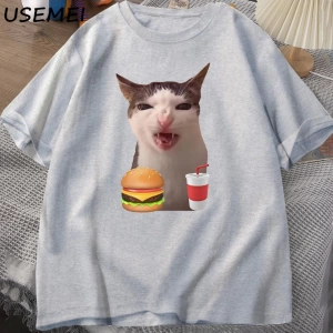 T-shirt kadın erkek aptal T shirt komik kedi yeme T-Shirt pamuk kısa