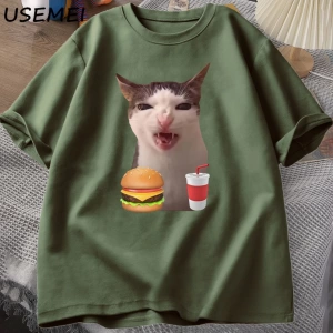 T-shirt kadın erkek aptal T shirt komik kedi yeme T-Shirt pamuk kısa